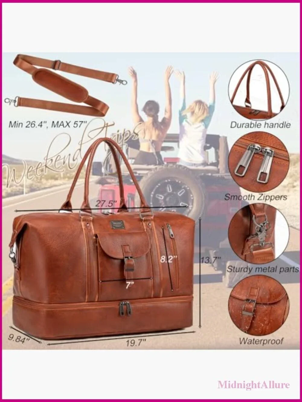 Faux Leather Travel Duffel Bag with Shoes Compartment, Weekender Overnight